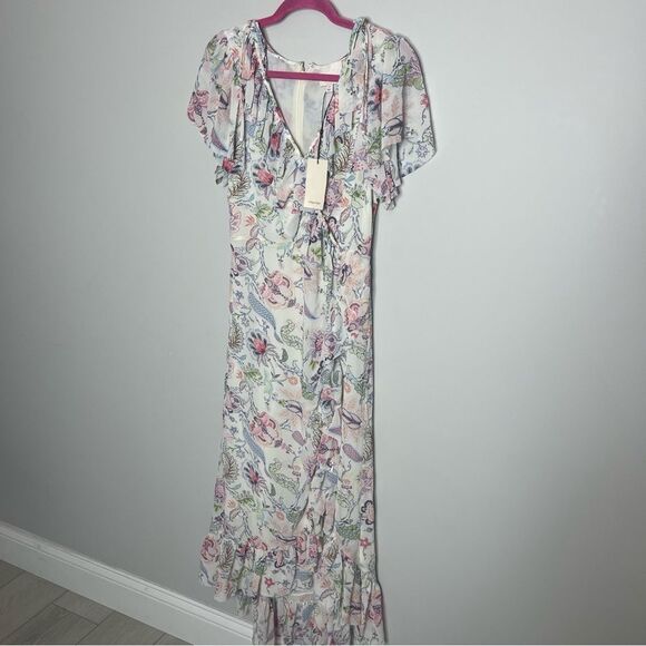 $455 CINQ A SEPT, Sheila Floral Ruffle-Trim Midi Dress NWT - Picture 13 of 14